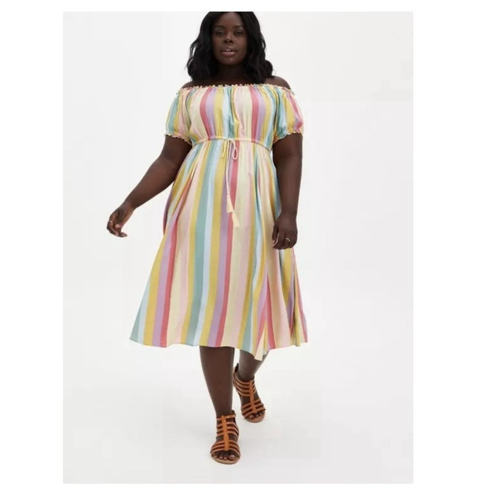 Torrid Pastel Stripes M Challis Off Shoulder Midi Dress Size 2X Pockets Tassels